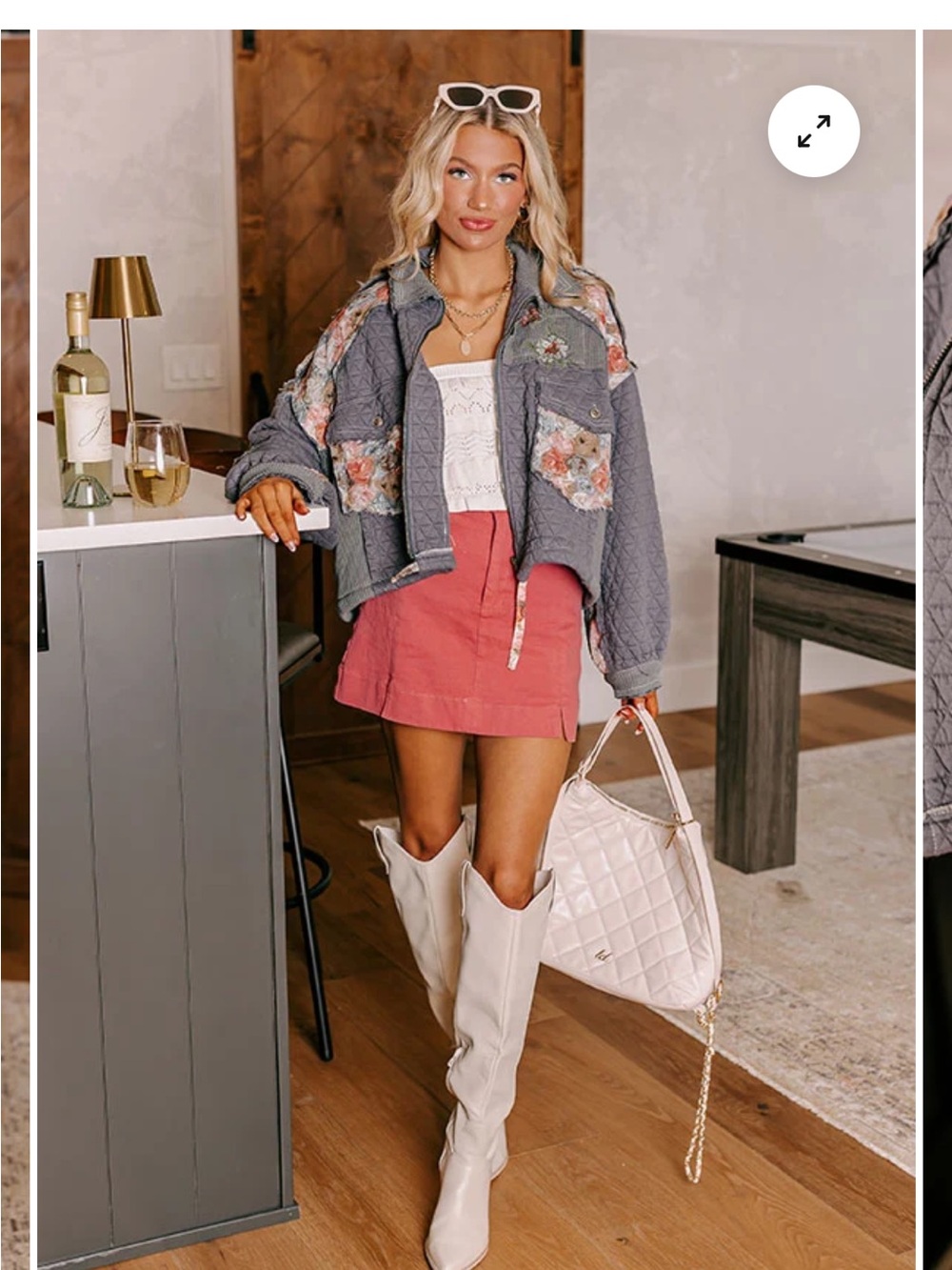 POL Quilted Floral Patchwork Bomber Jacket - Gray with Pink Floral